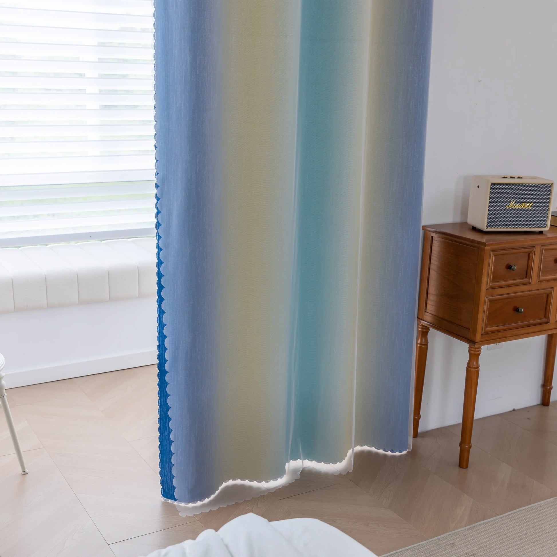Blue, teal, and yellow gradient blackout curtain with elegant light-blocking fabric, offering privacy, energy efficiency, and a stylish modern touch for bedrooms or living rooms.