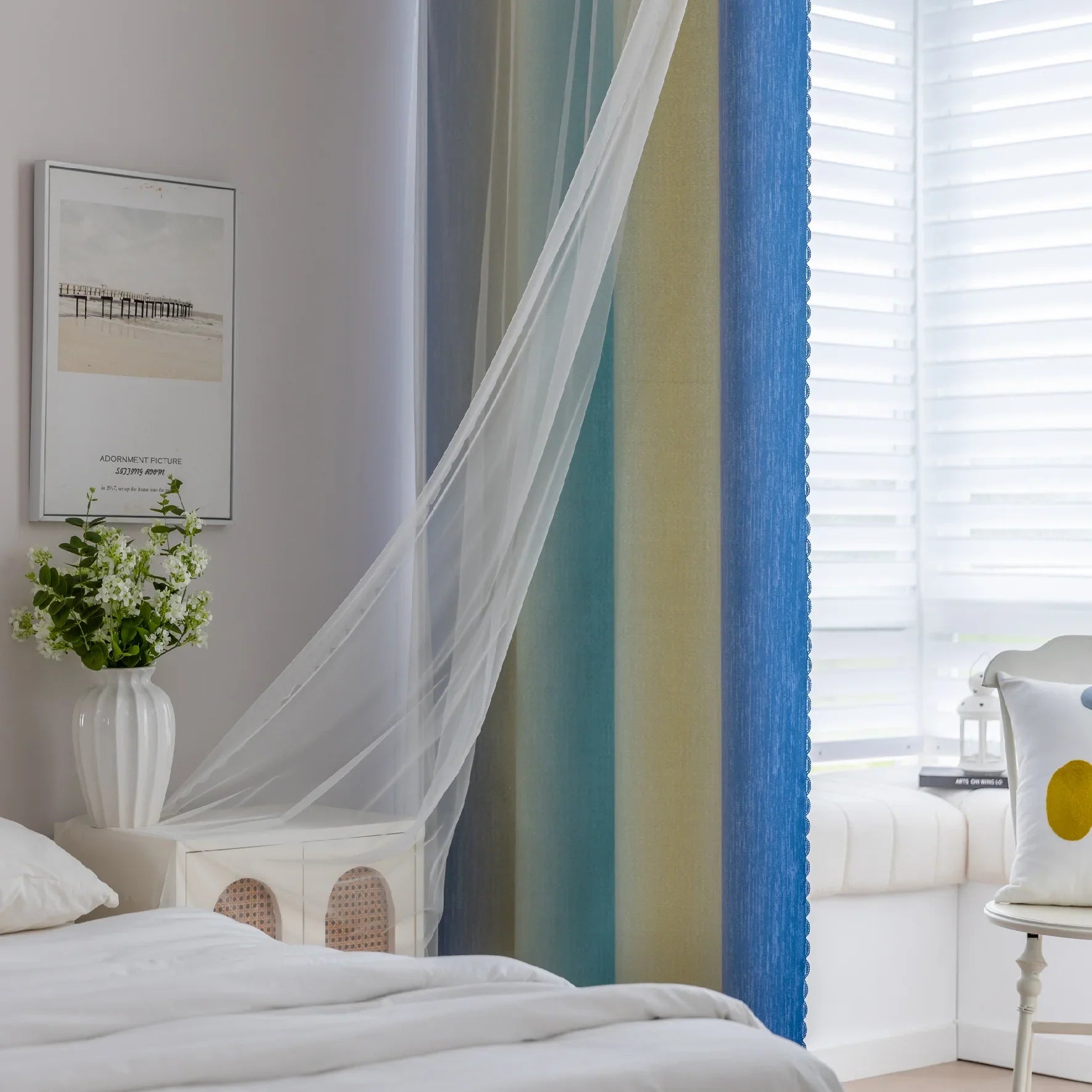 Blue, teal, and yellow gradient blackout curtain with elegant light-blocking fabric, offering privacy, energy efficiency, and a stylish modern touch for bedrooms or living rooms.