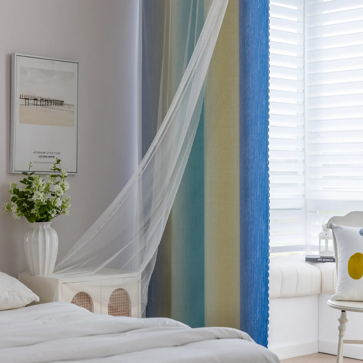 Blue, teal, and yellow gradient blackout curtain with elegant light-blocking fabric, offering privacy, energy efficiency, and a stylish modern touch for bedrooms or living rooms.