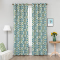Modern geometric blackout curtain featuring bold teal and green tile-inspired patterns on a cream background, offering stylish decor while blocking sunlight and enhancing privacy.