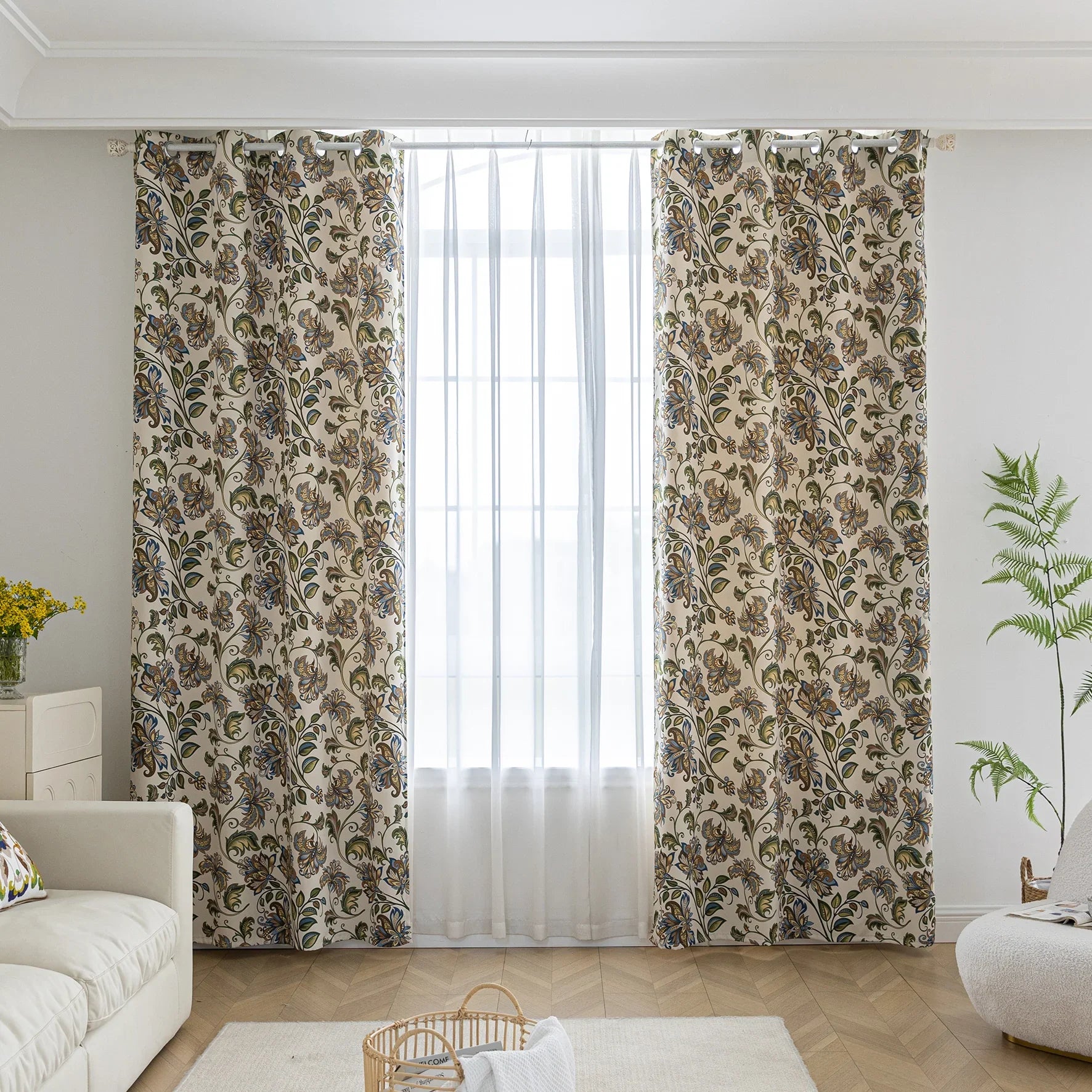 Elegant floral blackout curtain featuring intricate blue, green, and gold leaf patterns on a cream background, perfect for adding classic charm while effectively blocking light and ensuring privacy.