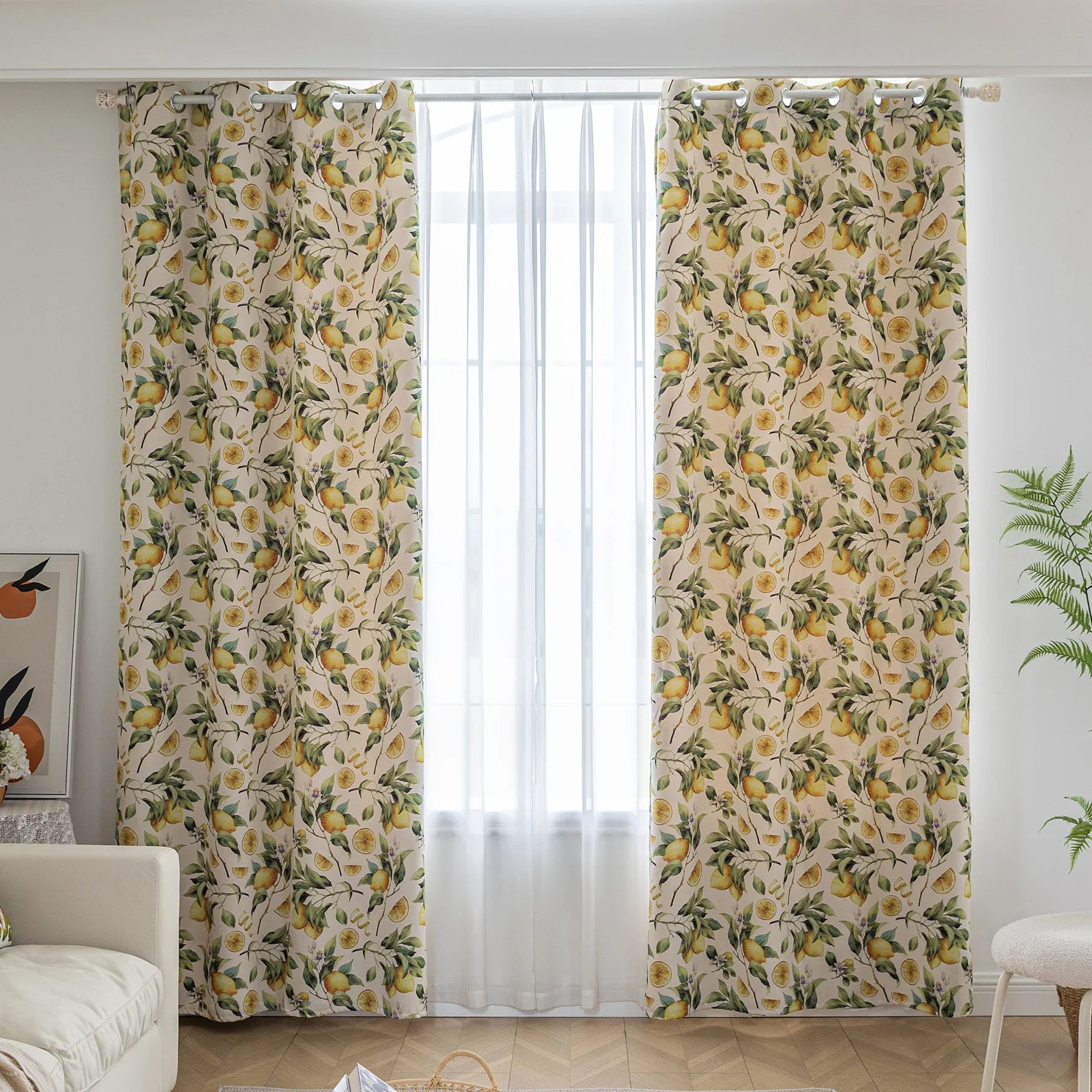 Fresh and vibrant lemon-print blackout curtain featuring lush green leaves and golden citrus fruits, perfect for adding a cheerful Mediterranean touch while blocking sunlight and ensuring privacy in your home.