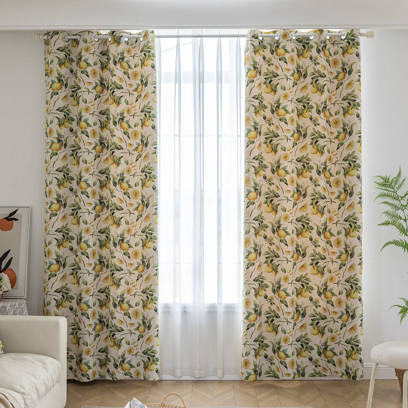 Fresh and vibrant lemon-print blackout curtain featuring lush green leaves and golden citrus fruits, perfect for adding a cheerful Mediterranean touch while blocking sunlight and ensuring privacy in your home.