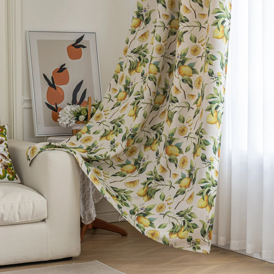 Fresh and vibrant lemon-print blackout curtain featuring lush green leaves and golden citrus fruits, perfect for adding a cheerful Mediterranean touch while blocking sunlight and ensuring privacy in your home.