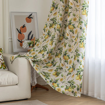 Fresh and vibrant lemon-print blackout curtain featuring lush green leaves and golden citrus fruits, perfect for adding a cheerful Mediterranean touch while blocking sunlight and ensuring privacy in your home.