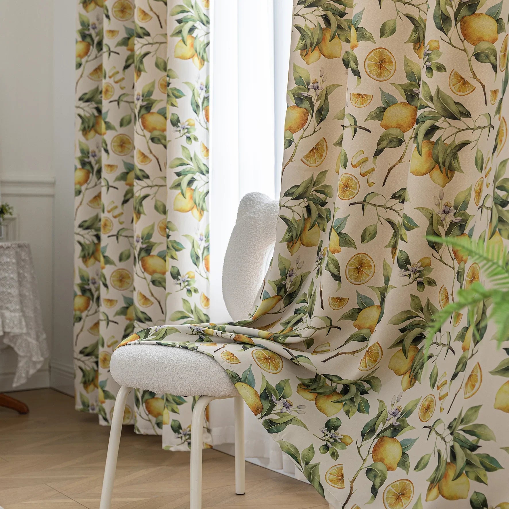 Fresh and vibrant lemon-print blackout curtain featuring lush green leaves and golden citrus fruits, perfect for adding a cheerful Mediterranean touch while blocking sunlight and ensuring privacy in your home.