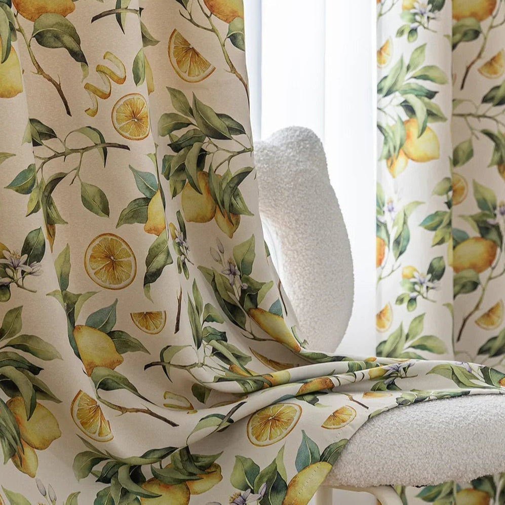Fresh and vibrant lemon-print blackout curtain featuring lush green leaves and golden citrus fruits, perfect for adding a cheerful Mediterranean touch while blocking sunlight and ensuring privacy in your home.