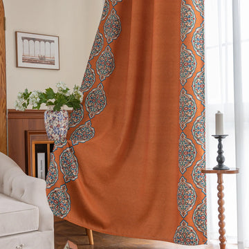 Stylish burnt orange blackout curtain with intricate medallion border design, blending vibrant color with elegant patterns to provide privacy, block sunlight, and enhance any living or bedroom décor.