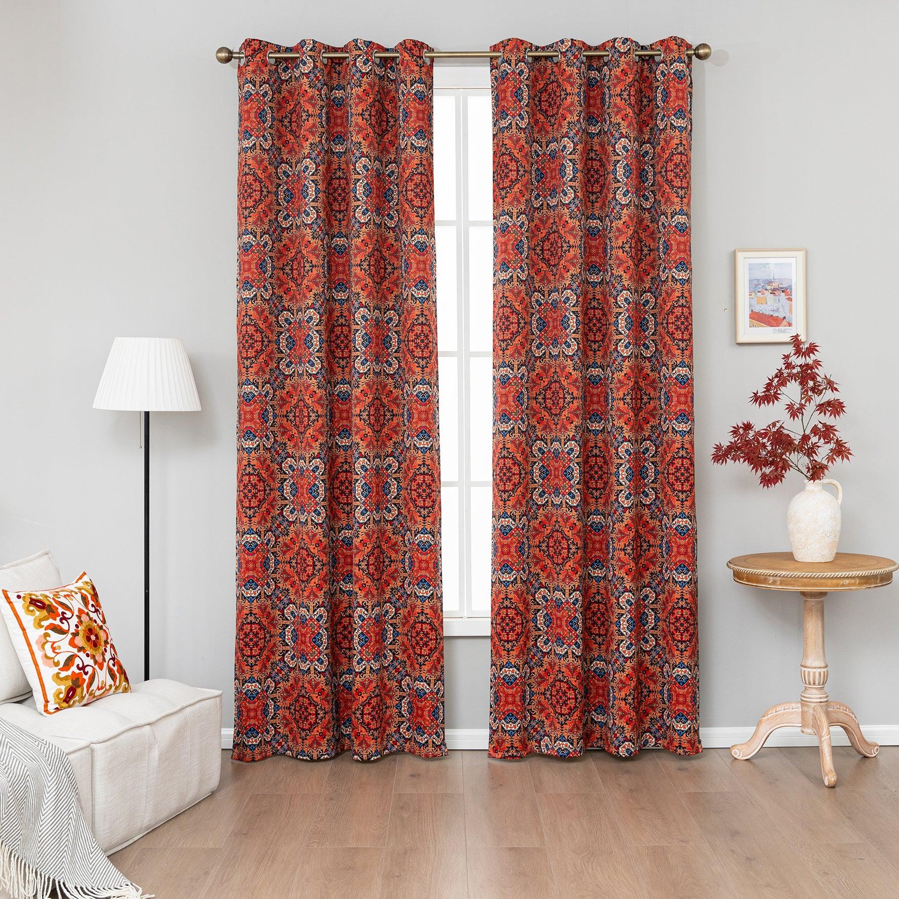 Persian-inspired blackout curtain featuring rich red, navy, and gold tones in an intricate geometric pattern, offering both timeless elegance and effective light-blocking for a warm, stylish home.