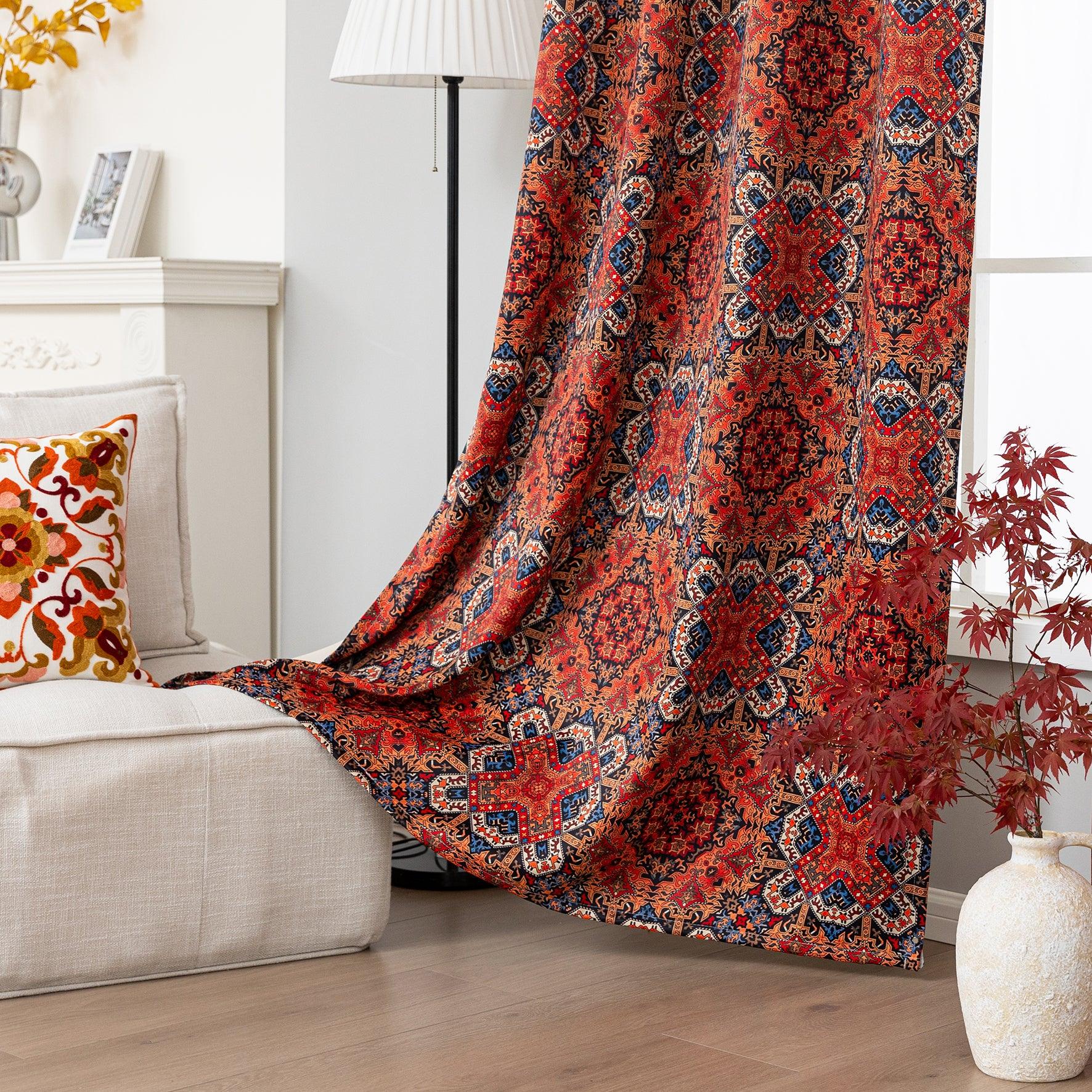Persian-inspired blackout curtain featuring rich red, navy, and gold tones in an intricate geometric pattern, offering both timeless elegance and effective light-blocking for a warm, stylish home.
