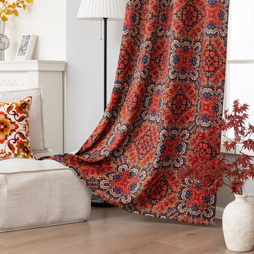 Persian-inspired blackout curtain featuring rich red, navy, and gold tones in an intricate geometric pattern, offering both timeless elegance and effective light-blocking for a warm, stylish home.