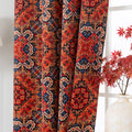 Persian-inspired blackout curtain featuring rich red, navy, and gold tones in an intricate geometric pattern, offering both timeless elegance and effective light-blocking for a warm, stylish home.