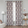 Elegant blackout curtain with blue and orange damask patterns on a cream background, offering stylish light-blocking and privacy for any room.