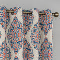 Elegant blackout curtain with blue and orange damask patterns on a cream background, offering stylish light-blocking and privacy for any room.