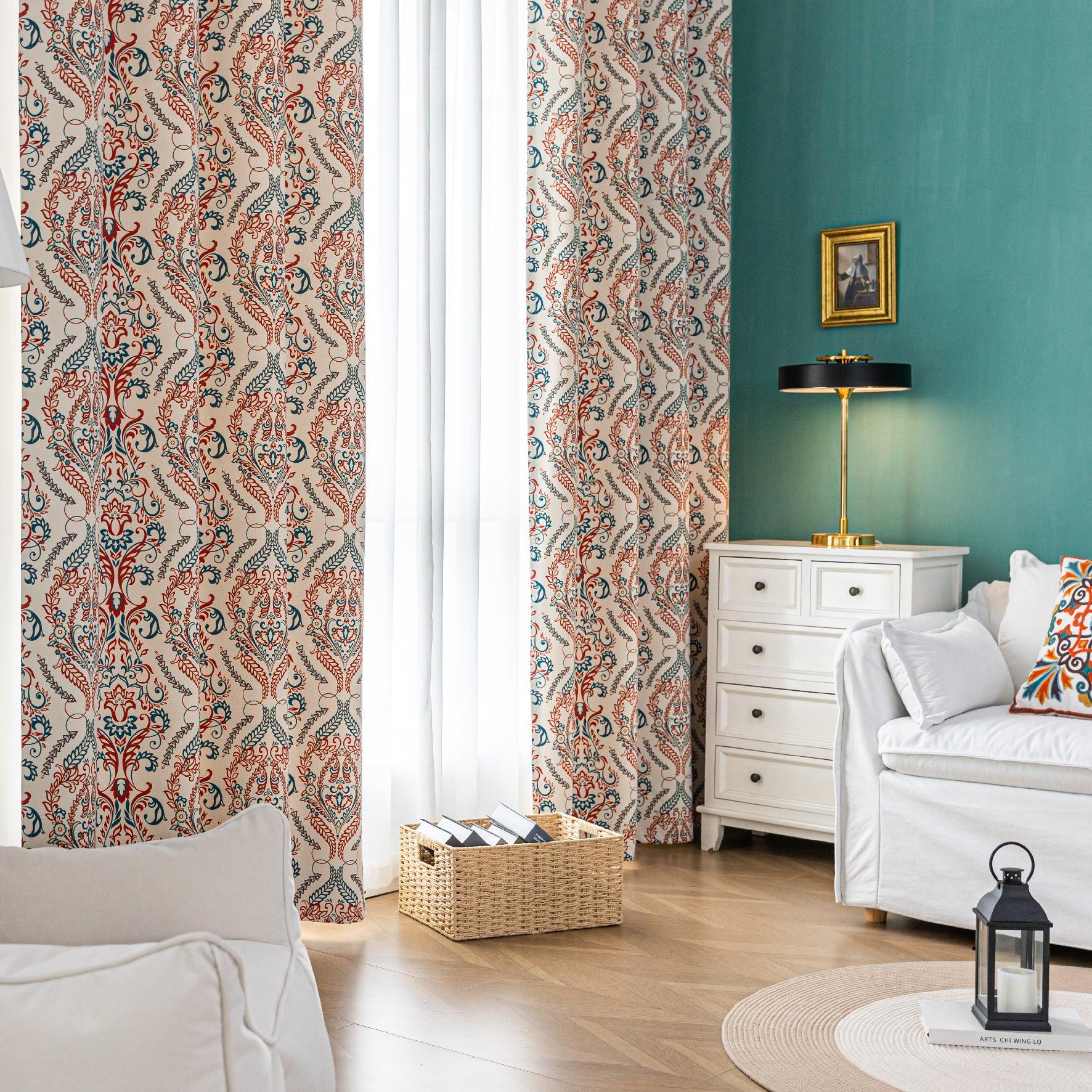 Elegant bohemian blackout curtain with intricate red and teal floral patterns on a soft beige background, designed to block sunlight, reduce noise, and add artistic charm to any room.