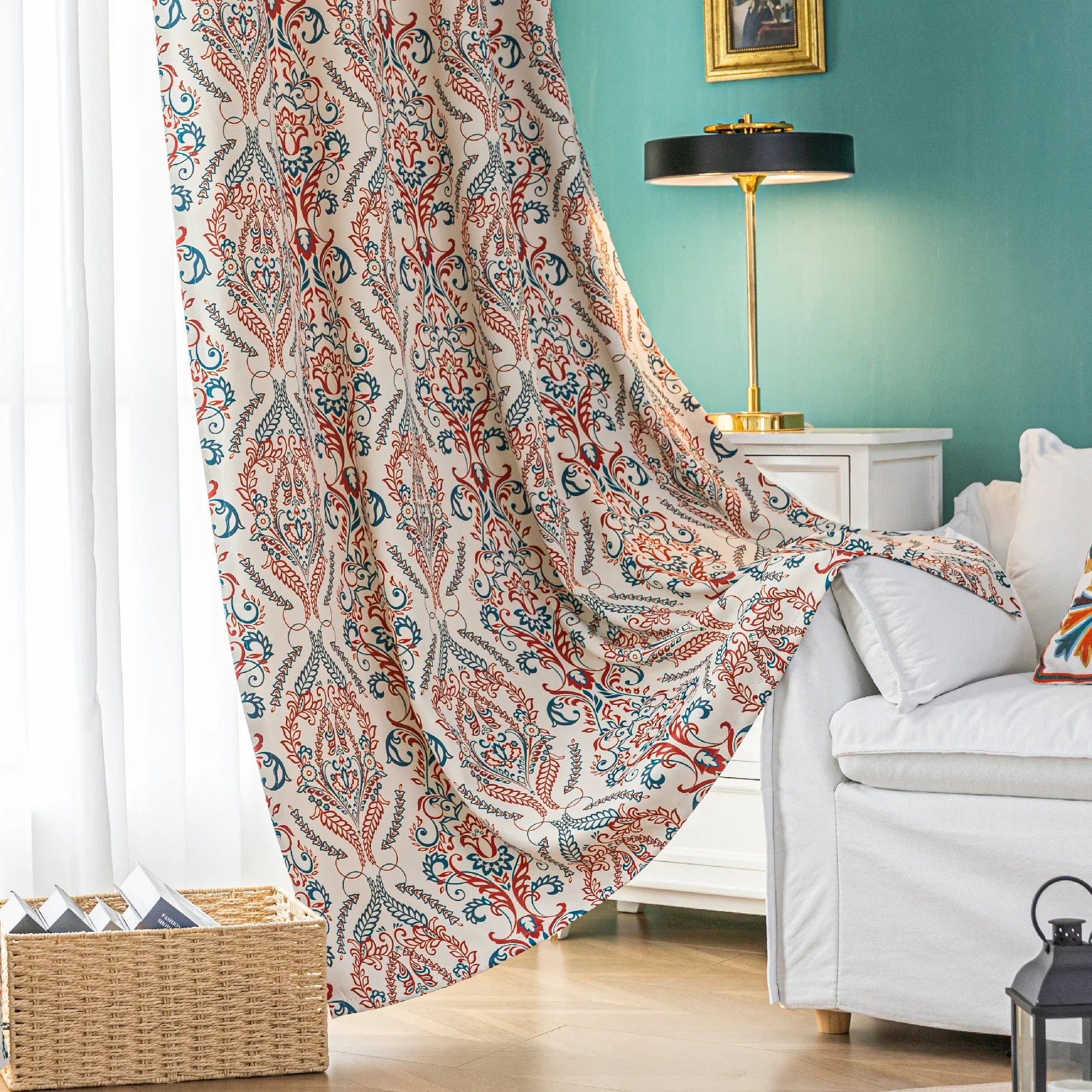 Elegant bohemian blackout curtain with intricate red and teal floral patterns on a soft beige background, designed to block sunlight, reduce noise, and add artistic charm to any room.