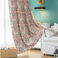 Elegant bohemian blackout curtain with intricate red and teal floral patterns on a soft beige background, designed to block sunlight, reduce noise, and add artistic charm to any room.