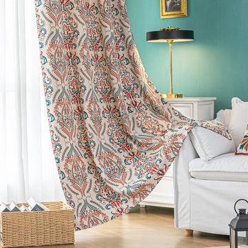 Elegant bohemian blackout curtain with intricate red and teal floral patterns on a soft beige background, designed to block sunlight, reduce noise, and add artistic charm to any room.