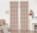 Elegant bohemian blackout curtain with intricate red and teal floral patterns on a soft beige background, designed to block sunlight, reduce noise, and add artistic charm to any room.