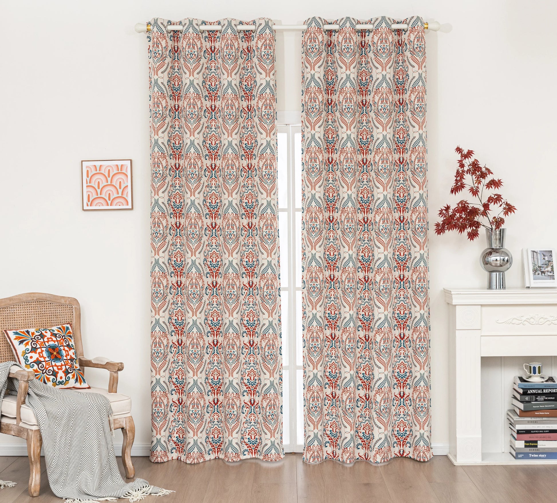 Elegant bohemian blackout curtain with intricate red and teal floral patterns on a soft beige background, designed to block sunlight, reduce noise, and add artistic charm to any room.