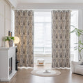 Stylish blackout curtain with an elegant dark floral damask pattern on a neutral beige background, offering excellent light-blocking, privacy, and a timeless touch for modern and classic interiors.