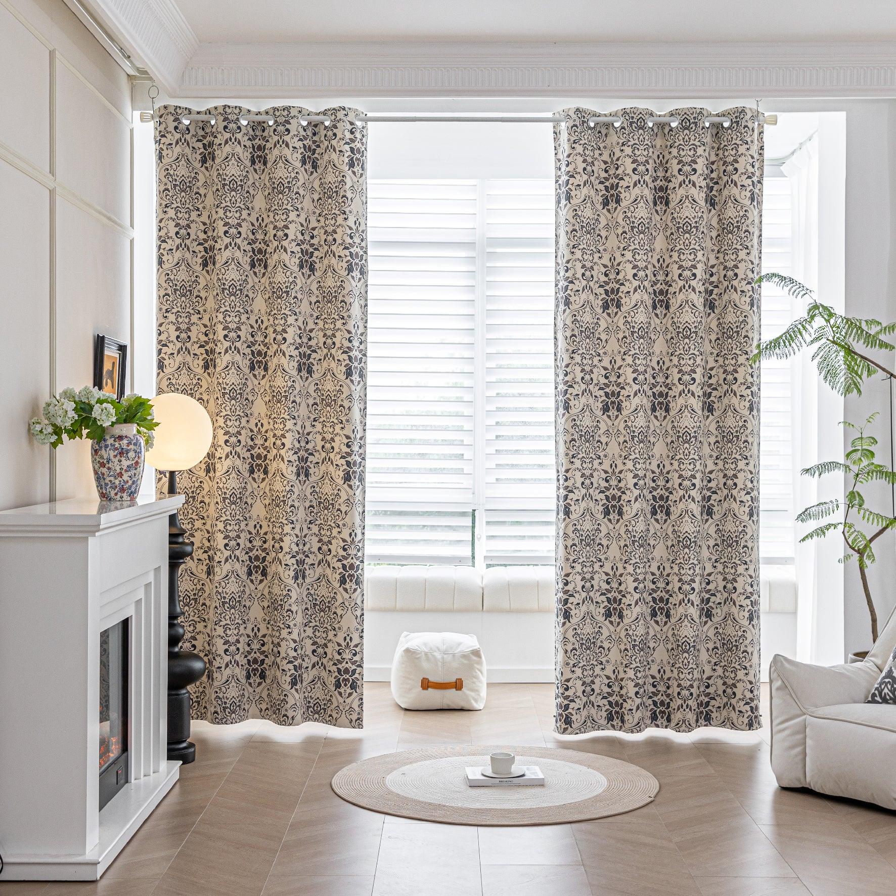 Stylish blackout curtain with an elegant dark floral damask pattern on a neutral beige background, offering excellent light-blocking, privacy, and a timeless touch for modern and classic interiors.