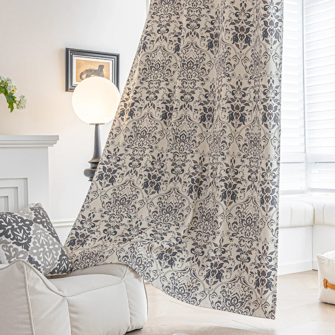 Stylish blackout curtain with an elegant dark floral damask pattern on a neutral beige background, offering excellent light-blocking, privacy, and a timeless touch for modern and classic interiors.