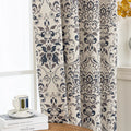 Stylish blackout curtain with an elegant dark floral damask pattern on a neutral beige background, offering excellent light-blocking, privacy, and a timeless touch for modern and classic interiors.
