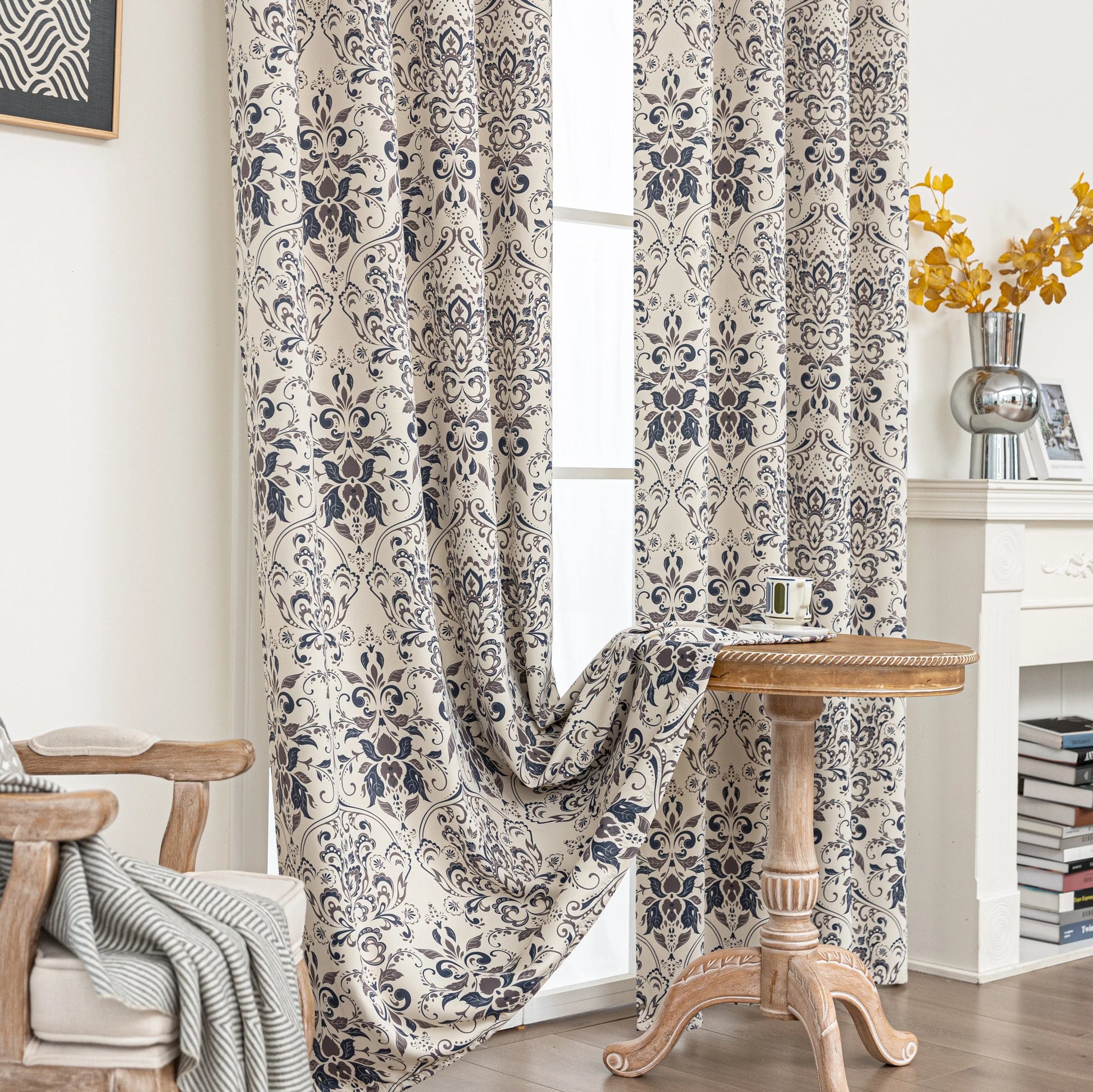 Stylish blackout curtain with an elegant dark floral damask pattern on a neutral beige background, offering excellent light-blocking, privacy, and a timeless touch for modern and classic interiors.