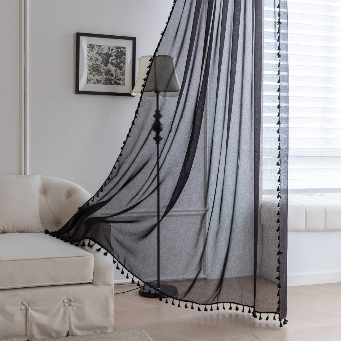 Black Sheer Curtains with Pom Pom Trim – Add modern elegance and soft light control to your space with these lightweight black sheer curtains, featuring a stylish pom pom edge for a chic decorative accent. Perfect for living rooms, bedrooms, or reading nooks, they gently filter sunlight while maintaining privacy, creating a cozy yet sophisticated atmosphere. Easy to match with contemporary or classic décor, these breathable curtains enhance your home with a touch of refined charm.

