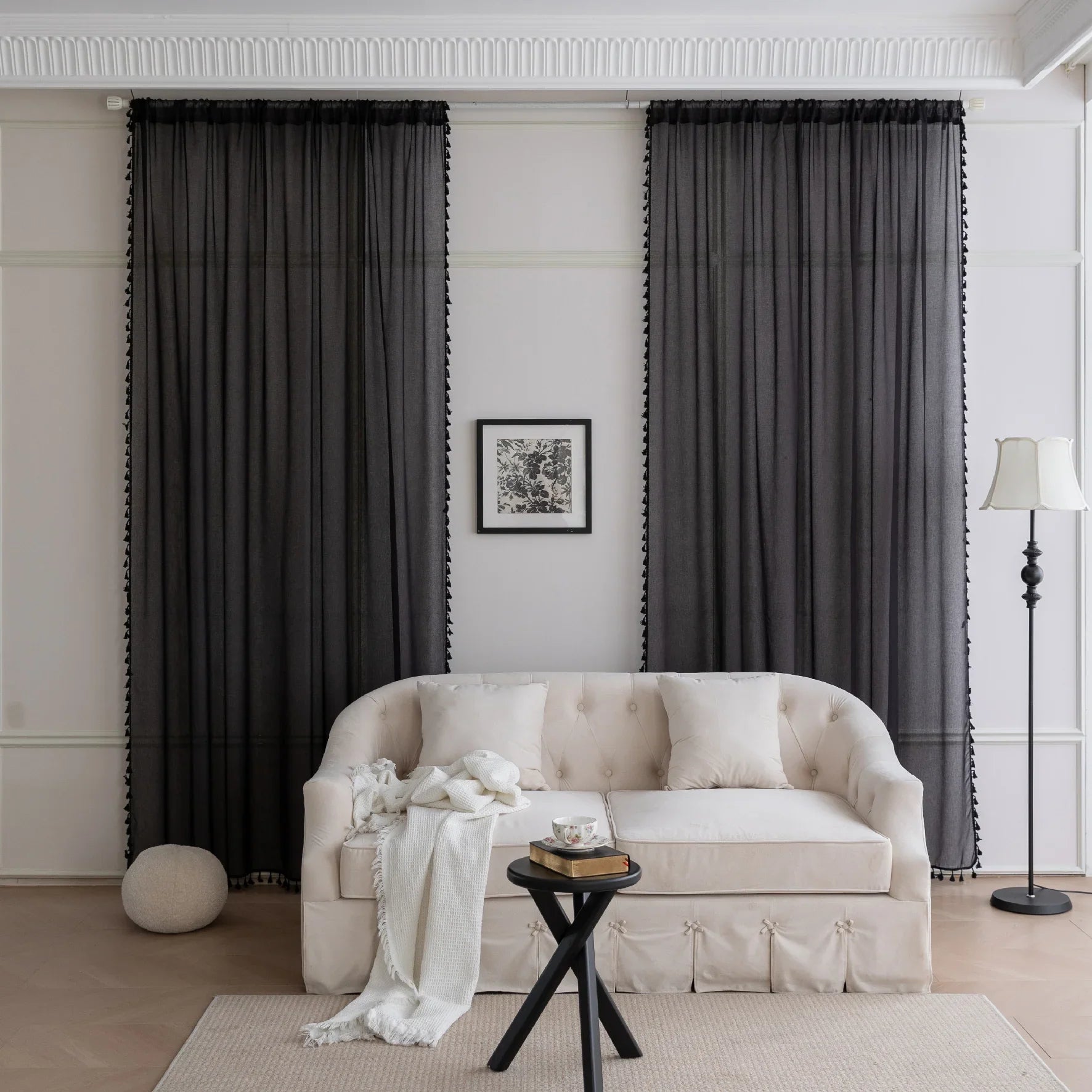 Black Sheer Curtains with Pom Pom Trim – Add modern elegance and soft light control to your space with these lightweight black sheer curtains, featuring a stylish pom pom edge for a chic decorative accent. Perfect for living rooms, bedrooms, or reading nooks, they gently filter sunlight while maintaining privacy, creating a cozy yet sophisticated atmosphere. Easy to match with contemporary or classic décor, these breathable curtains enhance your home with a touch of refined charm.
