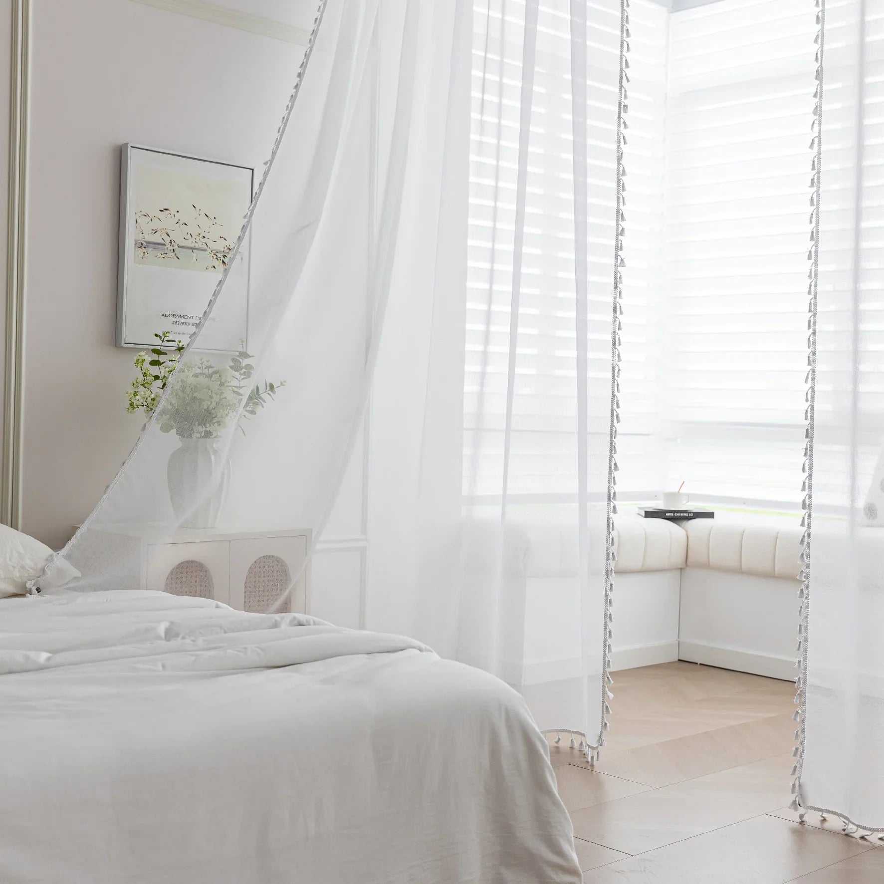 White Sheer Curtains with Pom Pom Trim – Create an airy, elegant atmosphere with these lightweight white sheer curtains, featuring delicate pom pom edging for a subtle decorative touch. Perfect for softening natural light while maintaining privacy, they add a fresh and cozy feel to bedrooms, living rooms, or reading nooks. Easy to pair with any décor style, these breathable and stylish curtains enhance your space with effortless charm.
