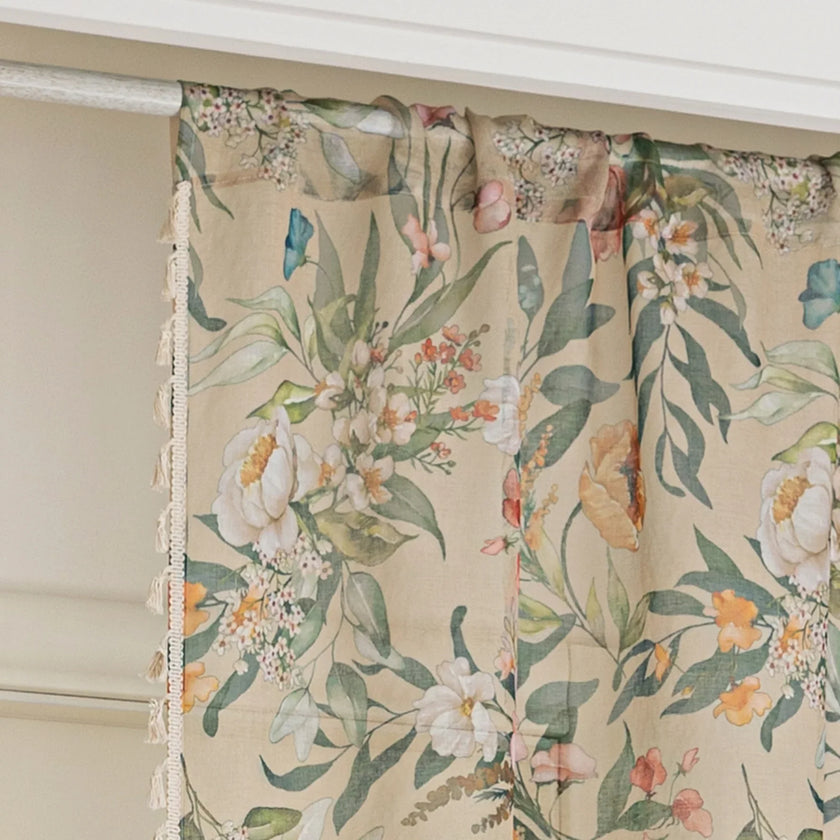 Beige floral curtain with colorful botanical patterns in green, orange, pink, and white, featuring elegant tassel trim on the edge, ideal for adding a fresh, nature-inspired touch to home d¨¦cor.