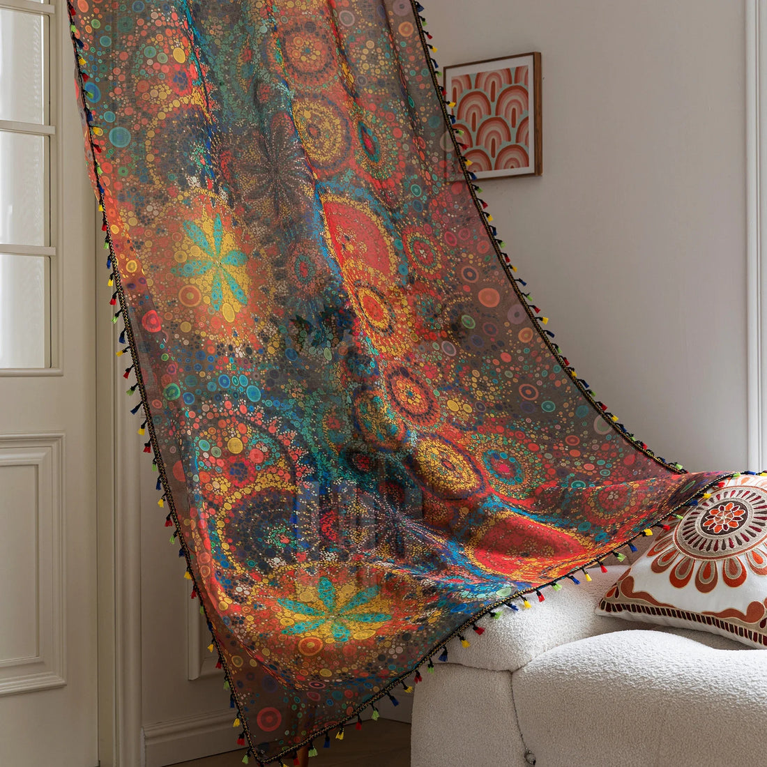 Infuse your home with artistic vibrance using this bohemian sheer curtain, adorned with an intricate mandala and floral pattern in bold reds, yellows, blues, and oranges. Made from lightweight, airy fabric, it filters natural sunlight beautifully while preserving privacy. Perfect for living rooms, bedrooms, or creative spaces, this decorative curtain creates a warm, inviting ambiance.