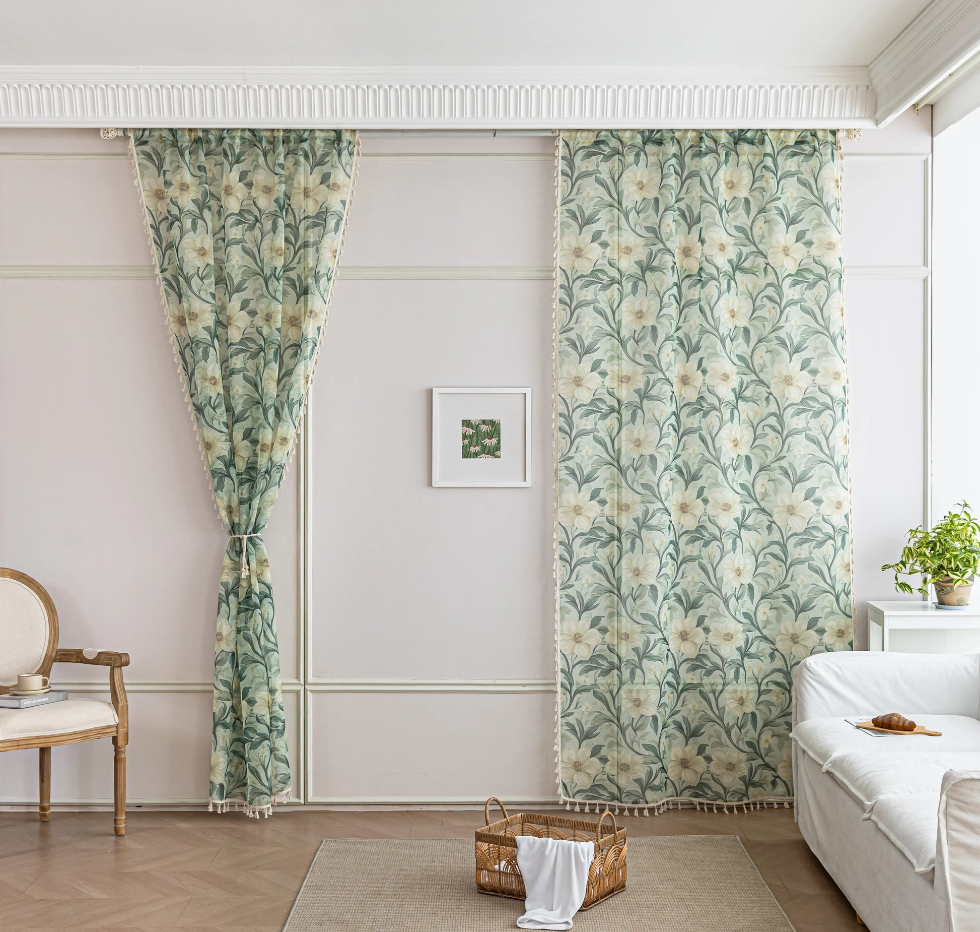 Floral Sheer Curtains with Green Leaves and Cream Blossoms – Bring the beauty of nature indoors with these elegant sheer curtains featuring a delicate pattern of lush green foliage and soft cream flowers. The airy, lightweight fabric allows natural light to filter through while adding a touch of privacy. Finished with charming tassel trim, these curtains are perfect for brightening living rooms, bedrooms, or garden-inspired spaces, creating a fresh and inviting atmosphere.

