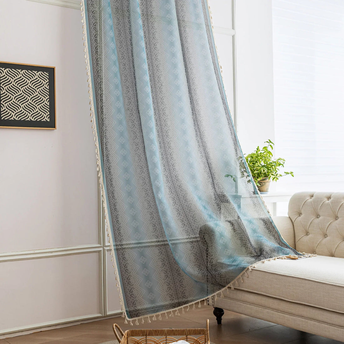 Light Blue Sheer Curtains with Subtle Geometric Pattern – Add a serene and airy touch to your home with these elegant sheer curtains in a soft light blue hue, adorned with a delicate geometric design. The lightweight fabric gently diffuses natural sunlight, brightening your space while maintaining privacy. Finished with charming tassel edges, these curtains are perfect for living rooms, bedrooms, or coastal-themed interiors, creating a calm and stylish ambiance.
