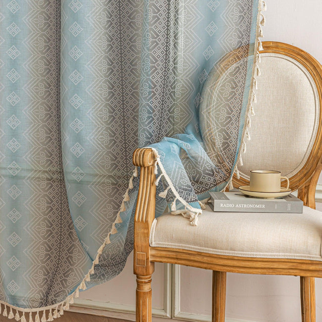 Light Blue Sheer Curtains with Subtle Geometric Pattern ¨C Add a serene and airy touch to your home with these elegant sheer curtains in a soft light blue hue, adorned with a delicate geometric design. The lightweight fabric gently diffuses natural sunlight, brightening your space while maintaining privacy. Finished with charming tassel edges, these curtains are perfect for living rooms, bedrooms, or coastal-themed interiors, creating a calm and stylish ambiance.
