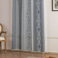 Elegant Blue and White Striped Sheer Curtains – Enhance your home décor with these beautifully designed sheer curtains featuring alternating stripes of intricate floral and geometric patterns in calming blue and crisp white tones. The lightweight, airy fabric allows natural light to filter through while maintaining privacy, creating a bright and inviting atmosphere. Finished with delicate tassel edging, these curtains are perfect for adding a touch of sophistication to living rooms, bedrooms, or coastal-ins