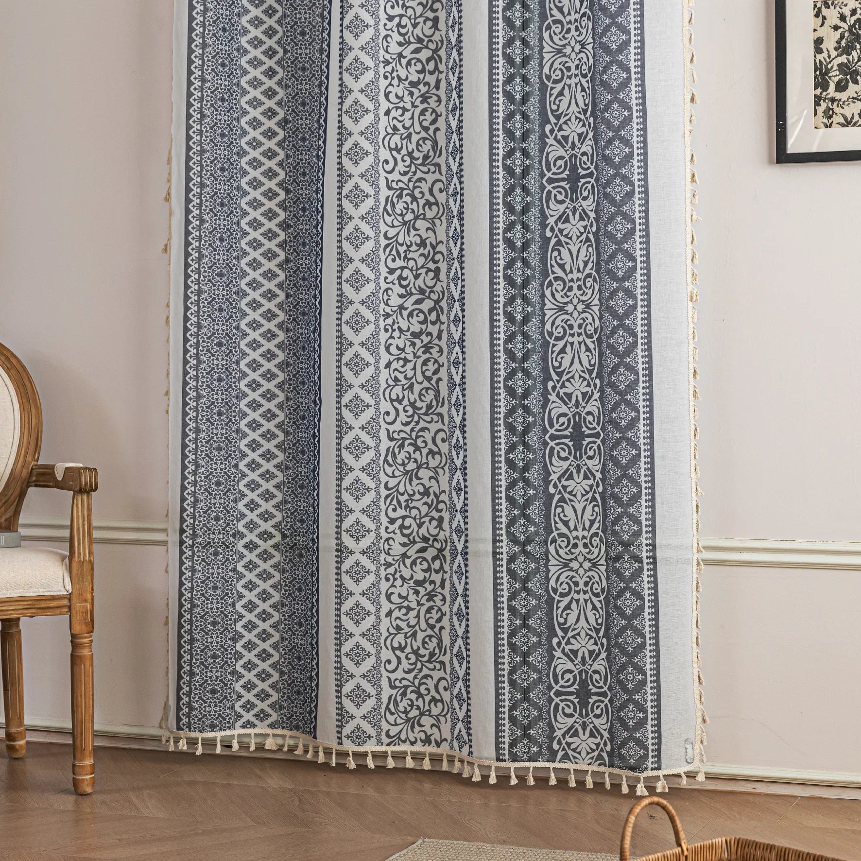 Elegant Blue and White Striped Sheer Curtains – Enhance your home décor with these beautifully designed sheer curtains featuring alternating stripes of intricate floral and geometric patterns in calming blue and crisp white tones. The lightweight, airy fabric allows natural light to filter through while maintaining privacy, creating a bright and inviting atmosphere. Finished with delicate tassel edging, these curtains are perfect for adding a touch of sophistication to living rooms, bedrooms, or coastal-ins