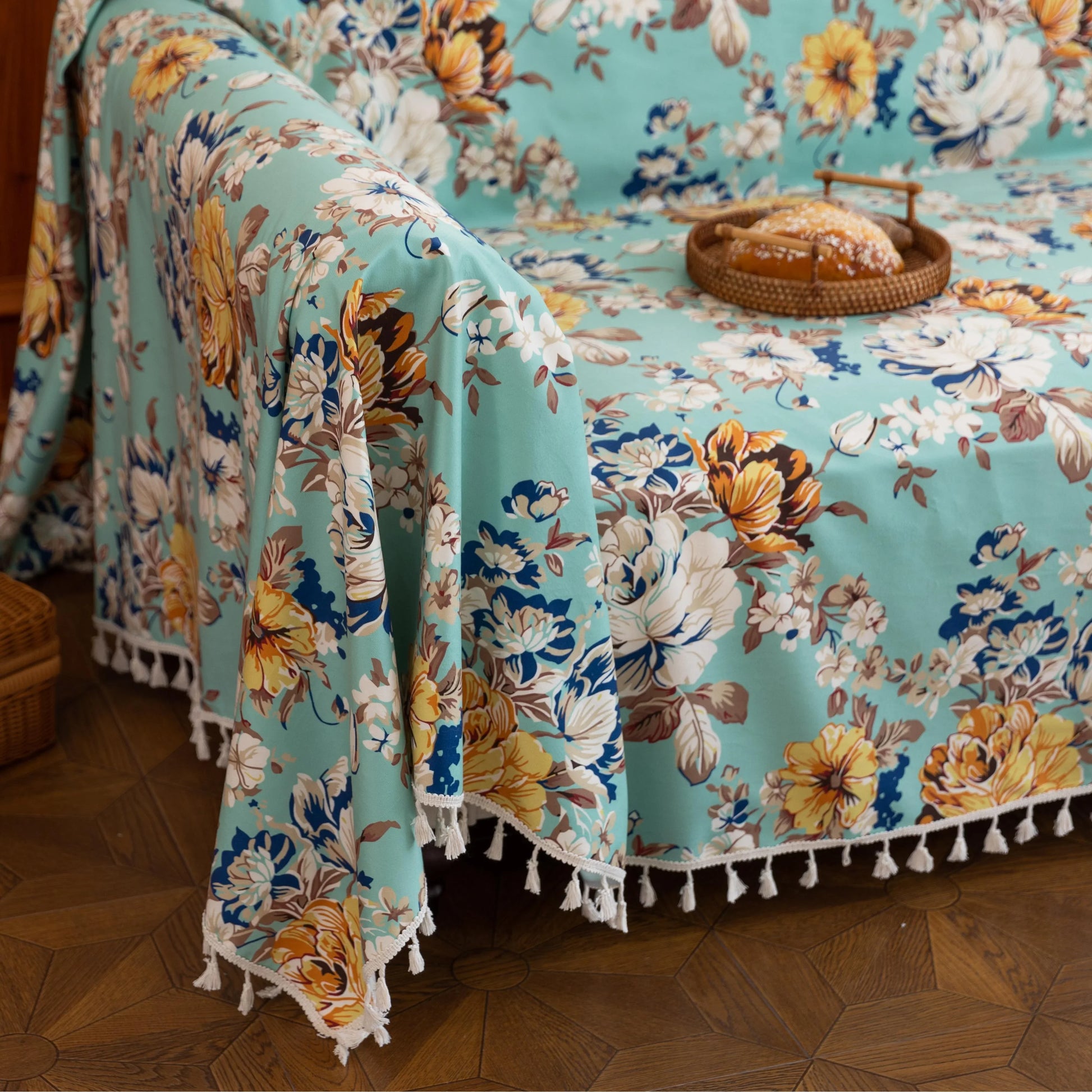 Floral Aqua Sofa Cover – Brighten your living space with this elegant sofa cover featuring a fresh aqua background adorned with large, detailed blossoms in shades of yellow, white, and blue. Made from soft, breathable, and durable fabric, it offers excellent protection against spills, stains, and daily wear while adding a refreshing burst of color to your décor. Perfect for farmhouse, cottage, or vintage-inspired interiors, this slipcover blends functionality with timeless floral charm, instantly revitalizi