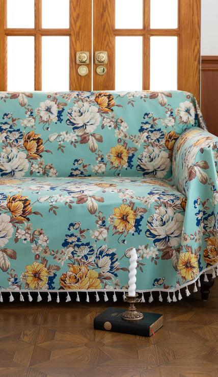 Floral Aqua Sofa Cover ¨C Brighten your living space with this elegant sofa cover featuring a fresh aqua background adorned with large, detailed blossoms in shades of yellow, white, and blue. Made from soft, breathable, and durable fabric, it offers excellent protection against spills, stains, and daily wear while adding a refreshing burst of color to your d¨¦cor. Perfect for farmhouse, cottage, or vintage-inspired interiors, this slipcover blends functionality with timeless floral charm, instantly revitali