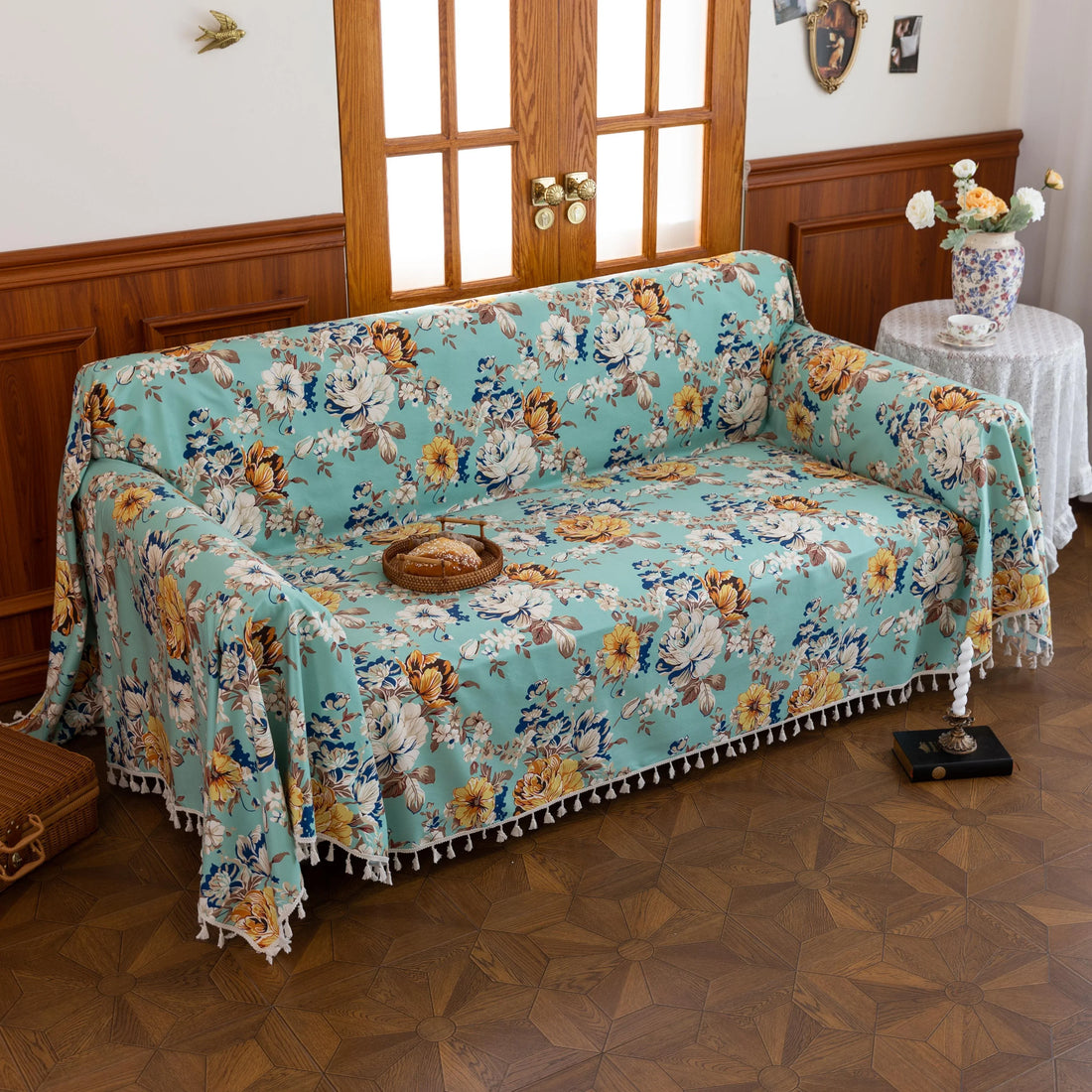 Floral Aqua Sofa Cover – Brighten your living space with this elegant sofa cover featuring a fresh aqua background adorned with large, detailed blossoms in shades of yellow, white, and blue. Made from soft, breathable, and durable fabric, it offers excellent protection against spills, stains, and daily wear while adding a refreshing burst of color to your décor. Perfect for farmhouse, cottage, or vintage-inspired interiors, this slipcover blends functionality with timeless floral charm, instantly revitalizi