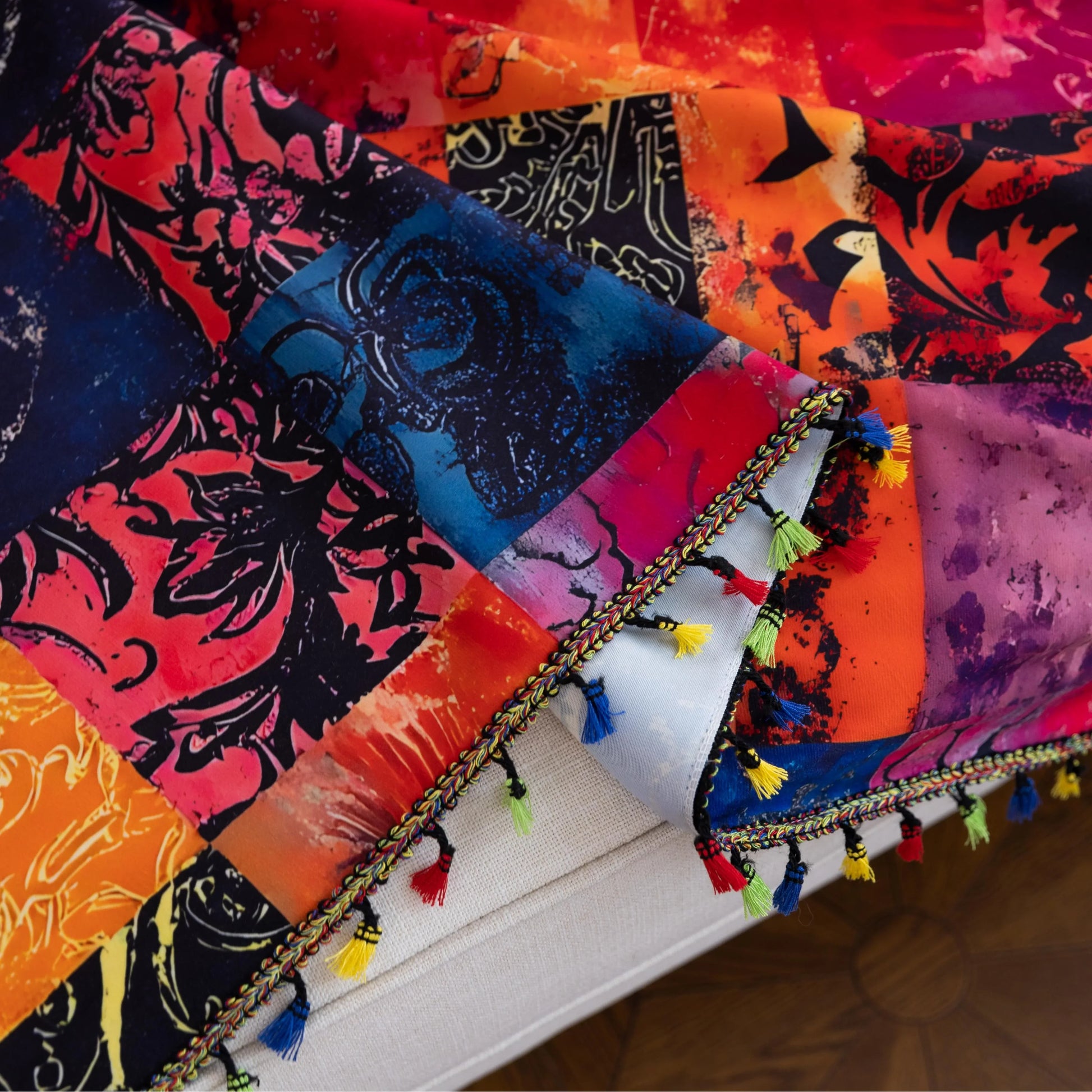 Colorful Patchwork Sofa Cover – Add a bold and artistic statement to your home with this vibrant patchwork-style sofa cover, featuring an array of rich reds, deep blues, warm oranges, and golden yellows. Crafted from soft, durable fabric, it not only protects your couch from spills, dust, and wear but also instantly refreshes your living room with a cozy, bohemian charm. Perfect for modern, eclectic, or artistic interiors, this slipcover offers a unique blend of functionality and eye-catching design for yea