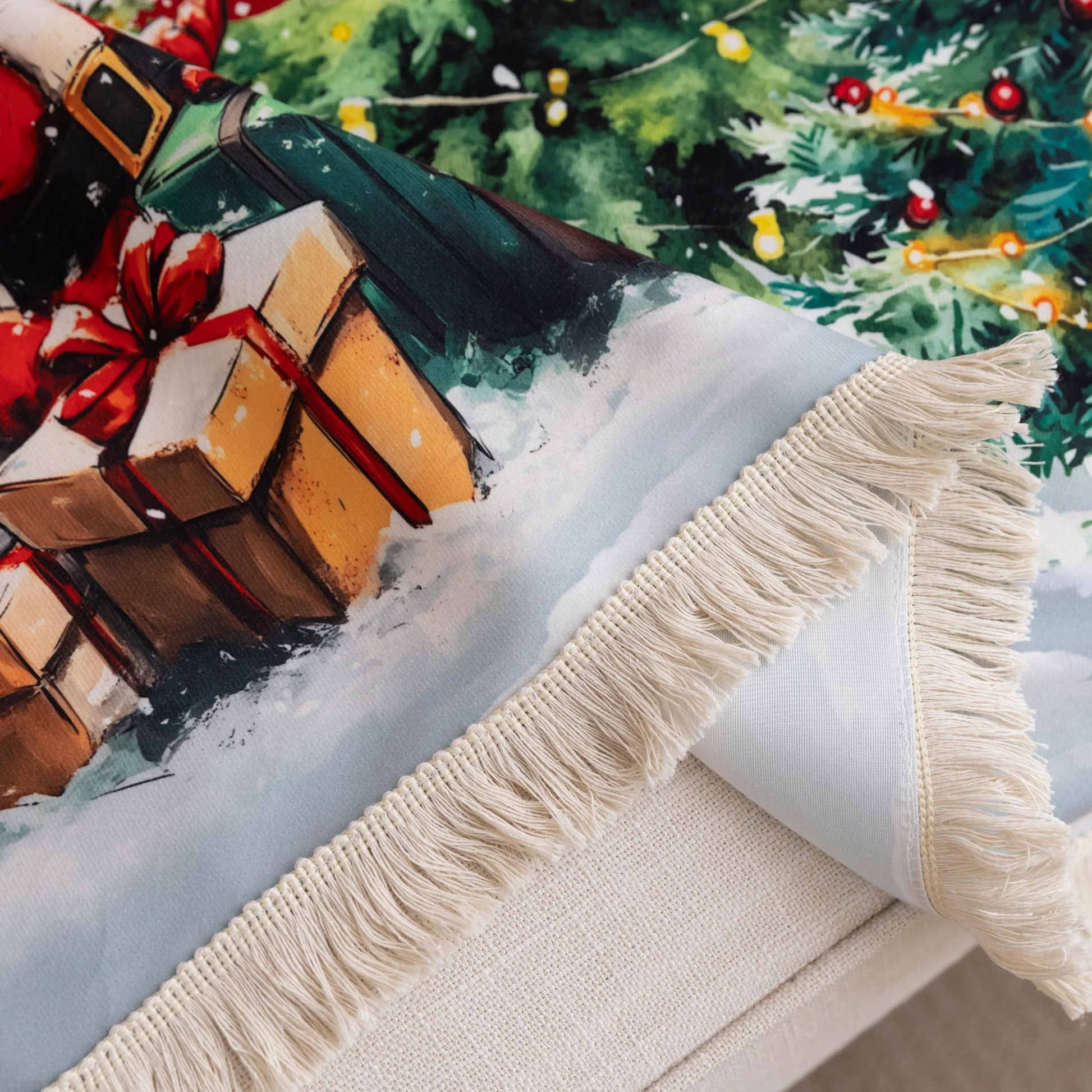 Festive red Christmas-themed sofa cover featuring decorated ornaments, snowflakes, snowy pine trees, a cheerful snowman, Santa Claus with gifts, and a cozy snow-covered house with poinsettias in the foreground.