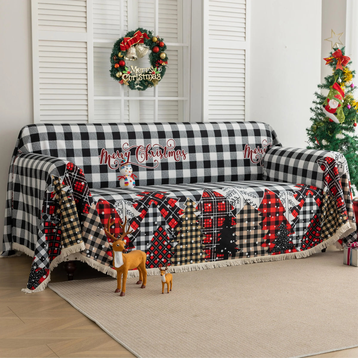 Christmas Plaid Sofa Cover ¨C Bring holiday cheer to your home with this cozy black-and-white buffalo check sofa cover, featuring festive ¡°Merry Christmas¡± lettering and colorful patchwork Christmas tree patterns in red, black, and beige tartan designs. Made from soft, durable fabric with decorative fringe edges, it protects your couch from spills, dust, and wear while adding a warm, seasonal touch. Perfect for winter d¨¦cor, Christmas parties, and farmhouse-style interiors, this slipcover combines functi