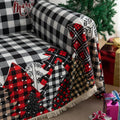 Christmas Plaid Sofa Cover – Bring holiday cheer to your home with this cozy black-and-white buffalo check sofa cover, featuring festive “Merry Christmas” lettering and colorful patchwork Christmas tree patterns in red, black, and beige tartan designs. Made from soft, durable fabric with decorative fringe edges, it protects your couch from spills, dust, and wear while adding a warm, seasonal touch. Perfect for winter décor, Christmas parties, and farmhouse-style interiors, this slipcover combines function a