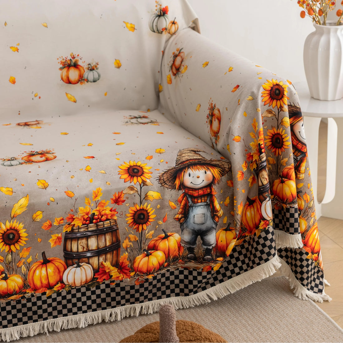 Autumn Harvest Sofa Cover – Infuse your living room with cozy seasonal charm using this festive sofa cover adorned with cheerful scarecrows, vibrant sunflowers, plump pumpkins, and golden autumn leaves. Made from soft, durable fabric, it protects your couch from spills, stains, and daily wear while adding a warm, farmhouse-inspired touch to your décor. Perfect for fall gatherings, Thanksgiving celebrations, or simply embracing the harvest season, this slipcover brings comfort, protection, and a joyful autum