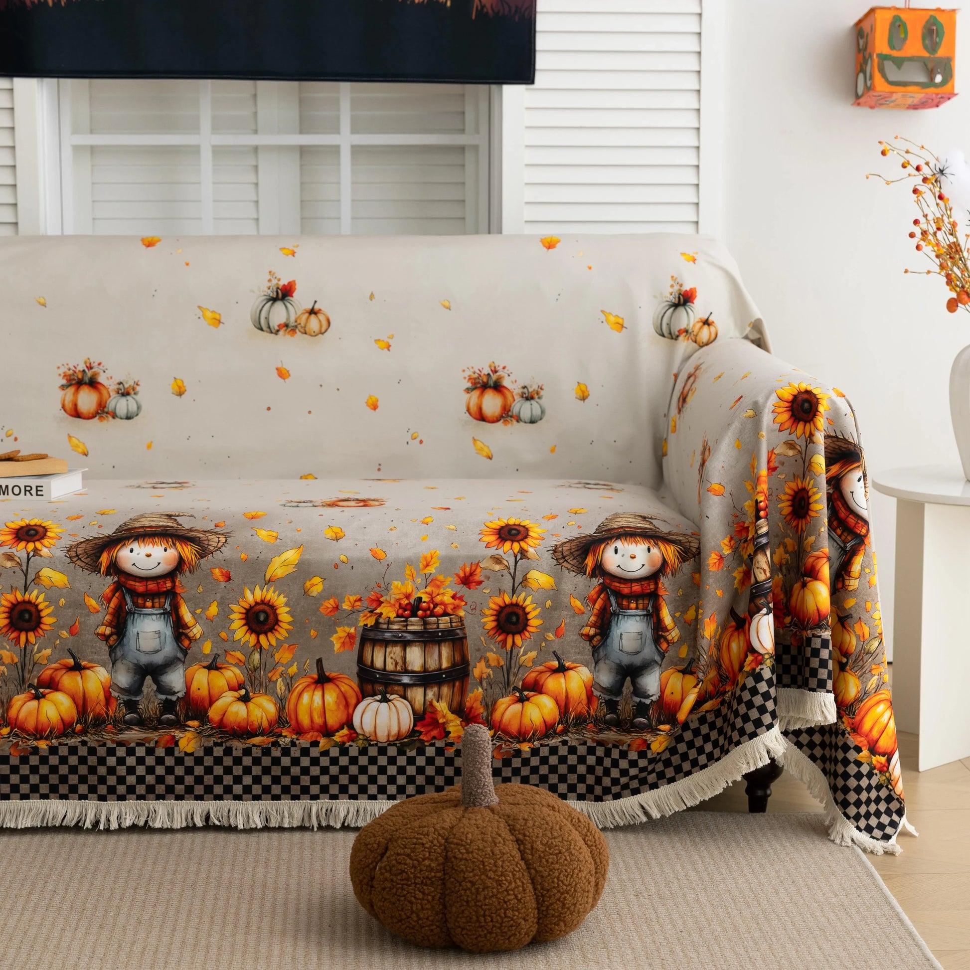 Autumn Harvest Sofa Cover – Infuse your living room with cozy seasonal charm using this festive sofa cover adorned with cheerful scarecrows, vibrant sunflowers, plump pumpkins, and golden autumn leaves. Made from soft, durable fabric, it protects your couch from spills, stains, and daily wear while adding a warm, farmhouse-inspired touch to your décor. Perfect for fall gatherings, Thanksgiving celebrations, or simply embracing the harvest season, this slipcover brings comfort, protection, and a joyful autum