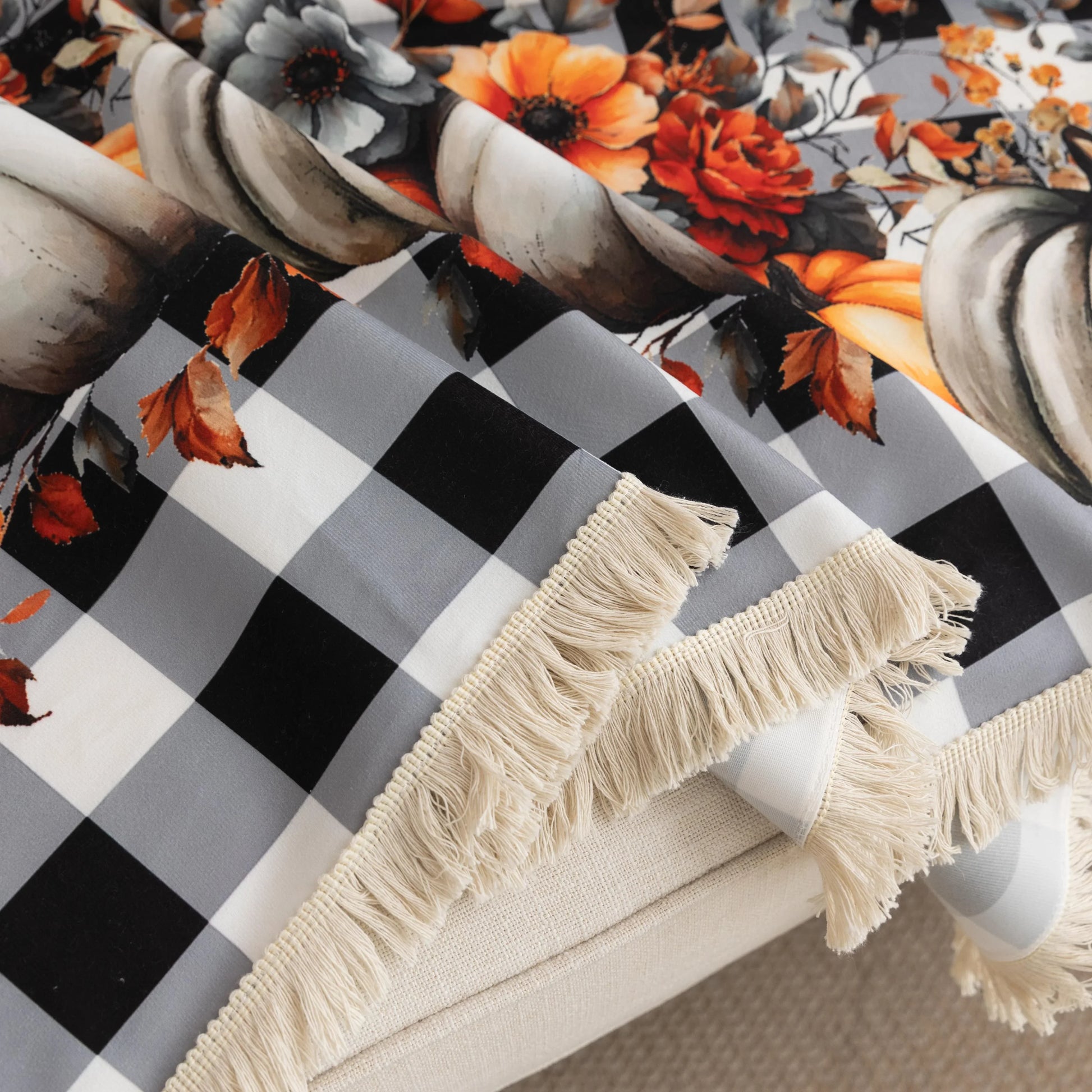 Halloween Pumpkin Plaid Sofa Cover – Give your living room a festive autumn makeover with this black-and-white buffalo check sofa cover, adorned with vibrant pumpkins, sunflowers, and “Happy Halloween” lettering. Crafted from soft, durable fabric with decorative fringe, it protects your couch from dust, spills, and wear while adding a cozy seasonal charm. Perfect for fall décor, Halloween parties, and farmhouse-style interiors, this easy-to-clean slipcover brings warmth and holiday spirit to any space.
