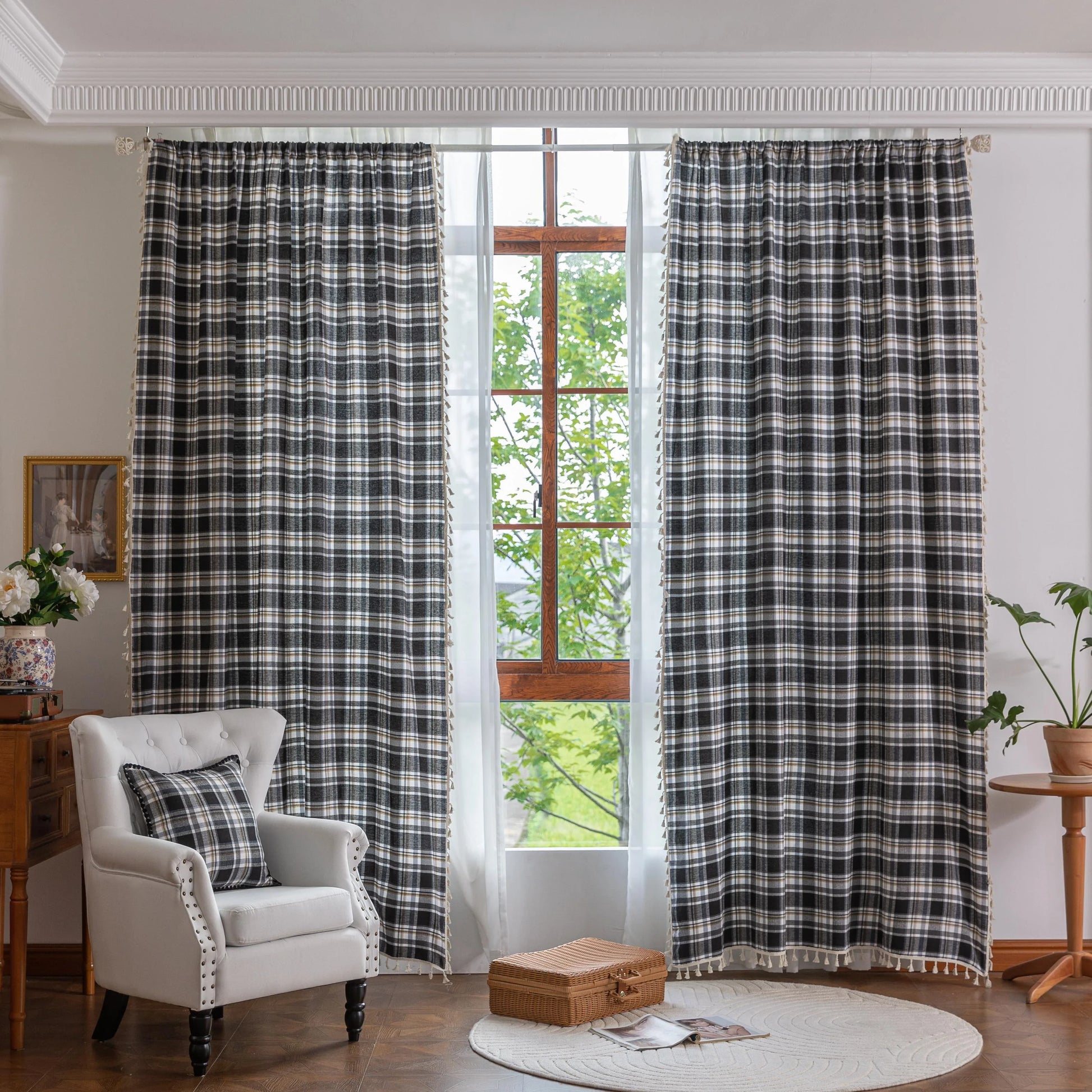 Black, gray, and beige plaid curtain fabric with a soft, woven texture and classic checkered pattern.